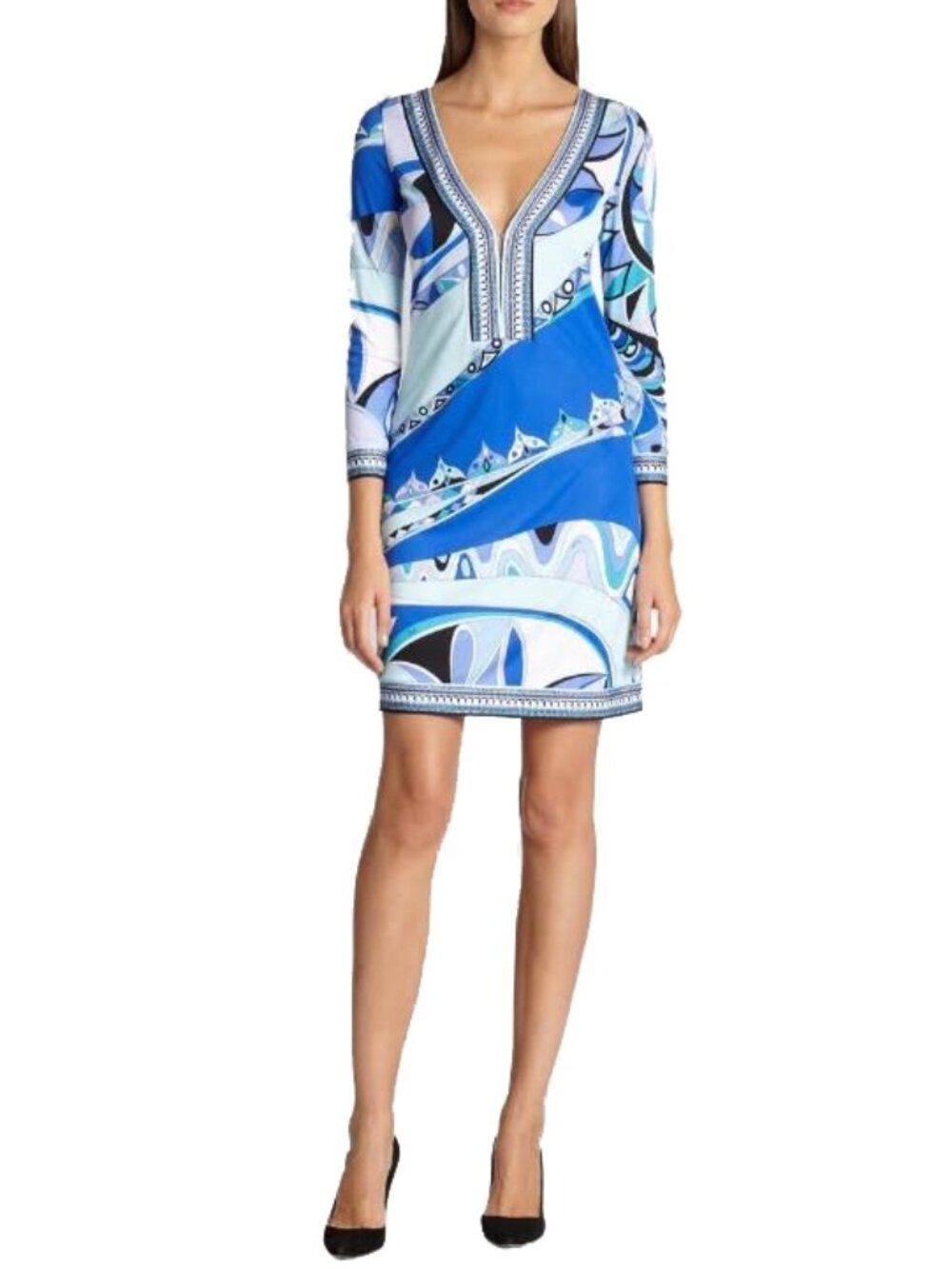 ✨ NEW! Emilio Pucci Stretch Skipper Printed V-Neck Dress Blue Silk Jersey ITALY